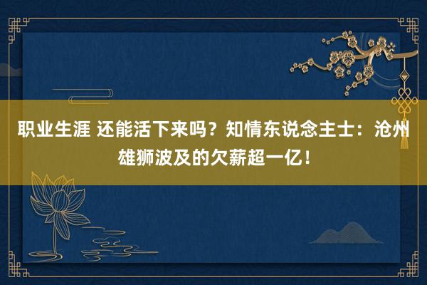 职业生涯 还能活下来吗？知情东说念主士：沧州雄狮波及的欠薪超一亿！